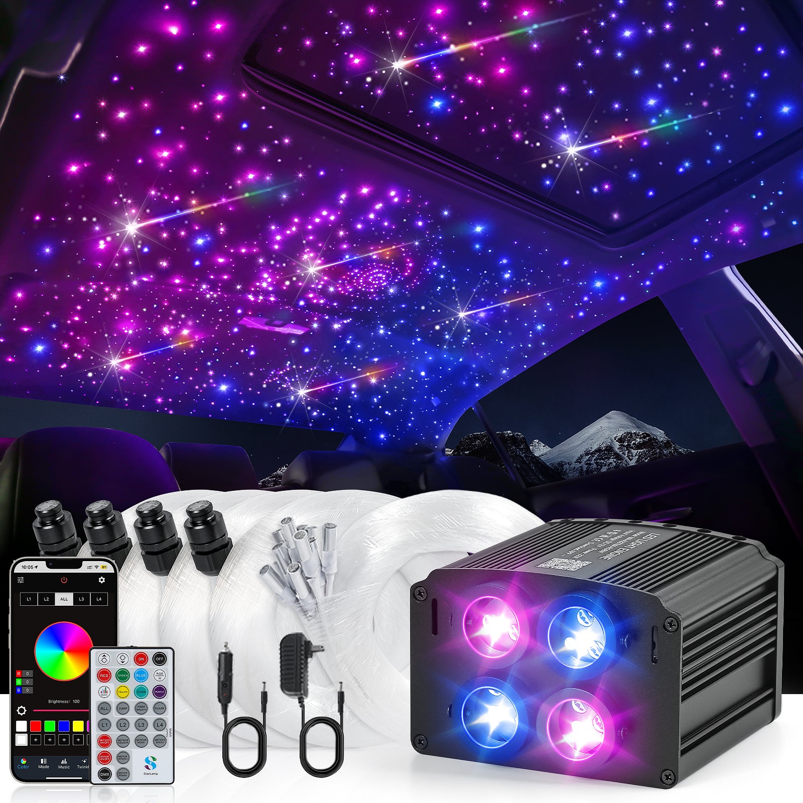 VGETTING Kit de mise à niveau de ciel de toit étoilé pour voiture, Éclairage d’ambiance en fibre optique 4 couleurs 32 W + 240 lumières pluie de météores RGBW, Commande double mode