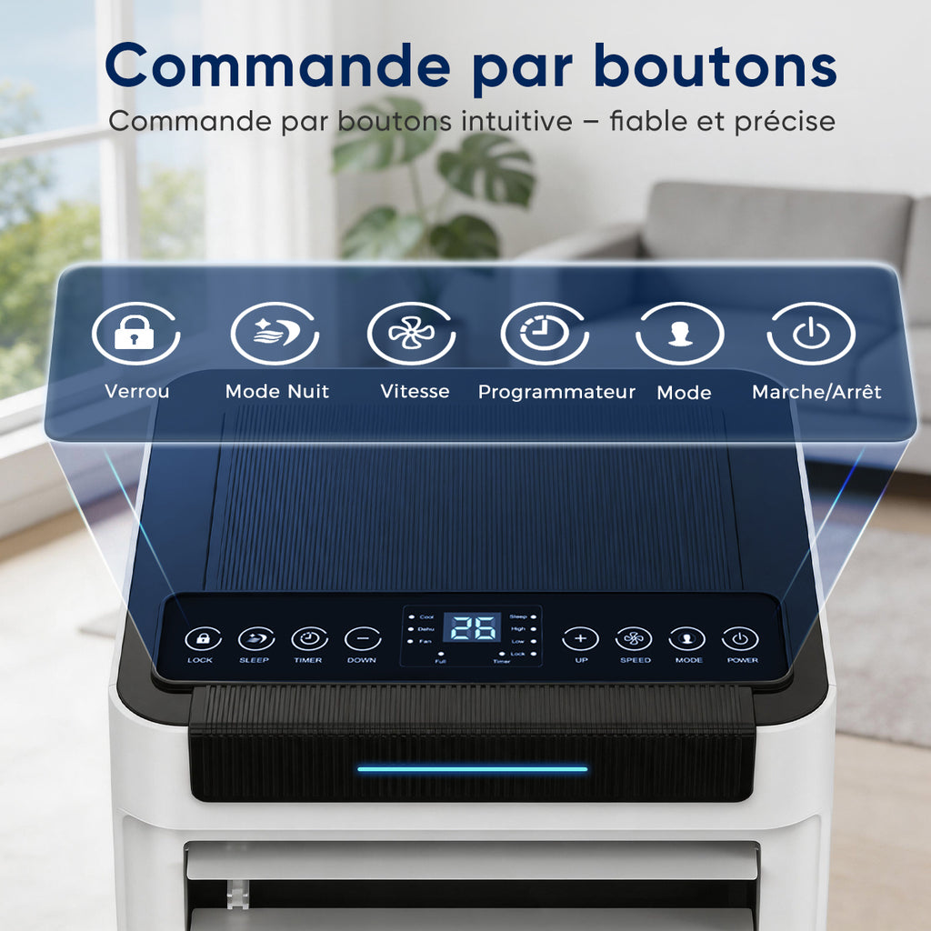 Humhold 9000 BTU climatiseur portable, unité de climatisation 3 en 1 de 2,6 kW pour pièces jusqu'à 30 m², avec modes refroidissement, déshumidification et ventilation