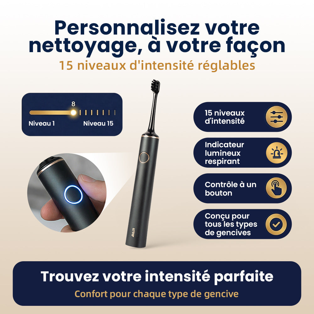 BAIR CARE G1s Brosse à Dents Électrique Sonique - 90 Jours d'Autonomie, Rechargeable, 5 Modes & 3 Intensités, Minuteur Intelligent 2 Min, Étanche IPX7, Inclut un Étui de Voyage Premium