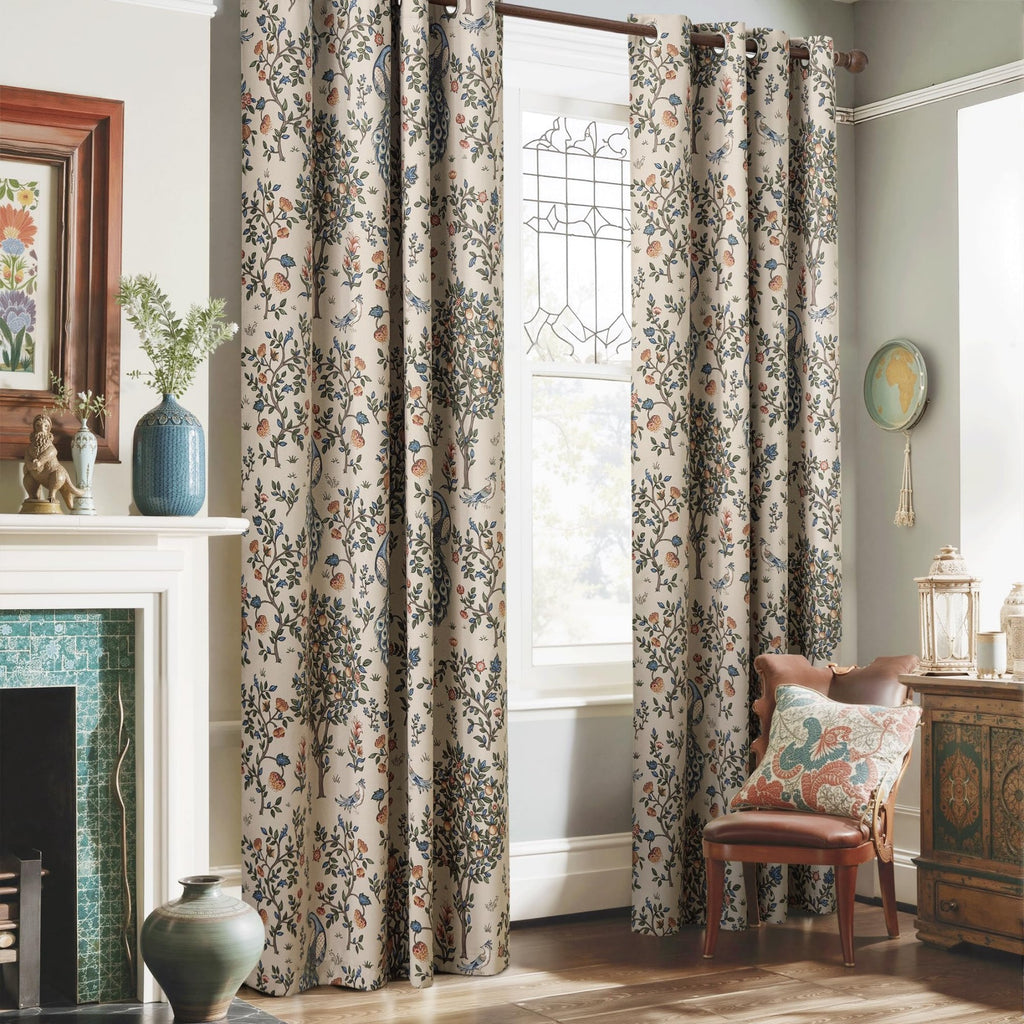 PONY DANCE Rideaux Vintage Imprimés Floraux Occultants Isolants Thermiques pour Chambre Salon, 2 Panneaux, L 132 x H 220 cm, Beige
