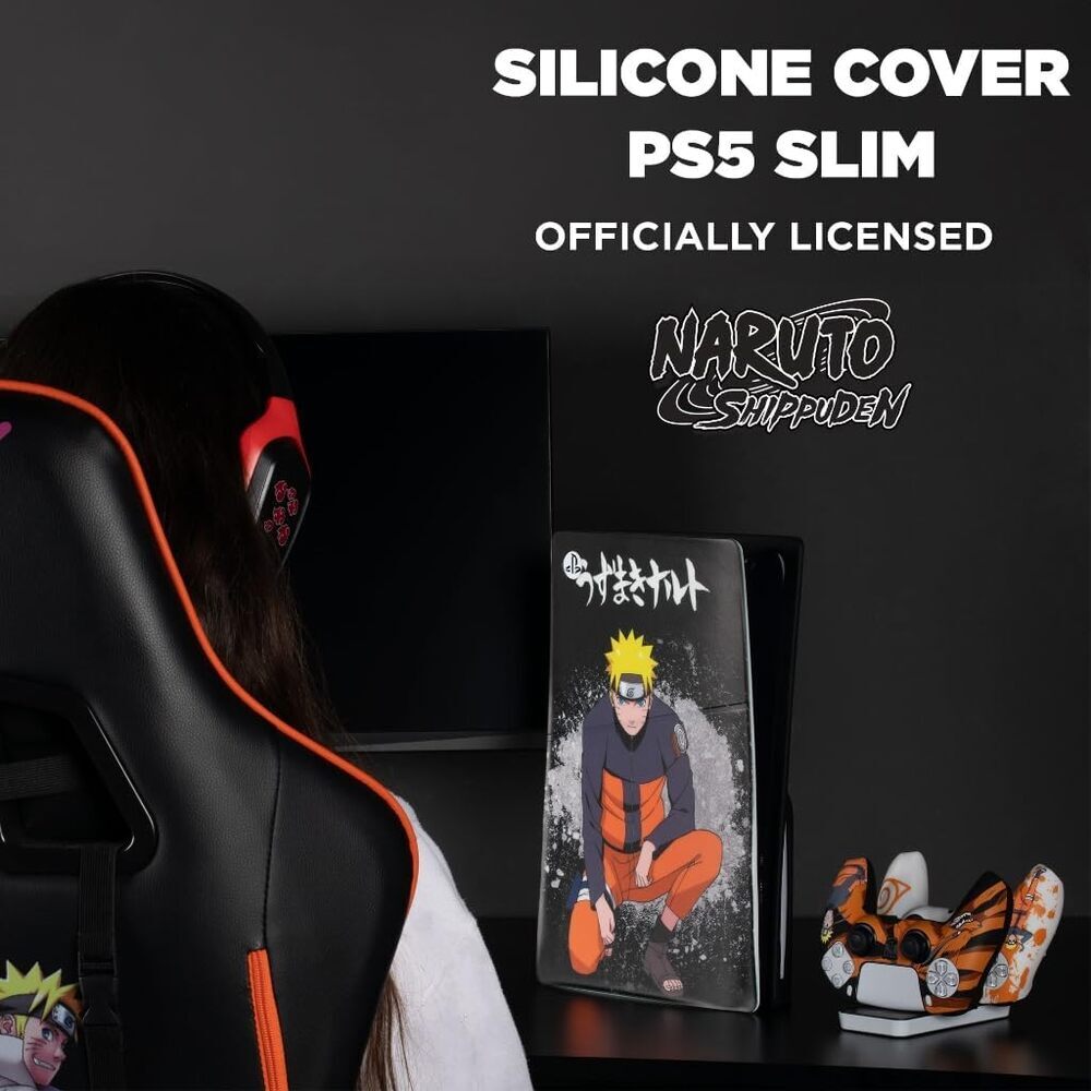 Konix Naruto Shippuden Façade de protection pour console PS5 Slim - Silicone - Antichoc - Anti-rayures - Motif Naruto - Noir