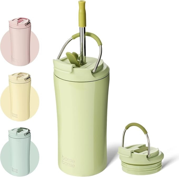 Bottle Bottle Mug à café glacé à double paroi avec couvercle à double usage, vert avocat, 355 ml