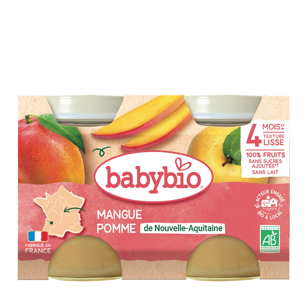 BABYBIO Compote Bébé Bio Pomme Mangue Sans Sucres Ajoutés Dès 4 Mois 2x130 g