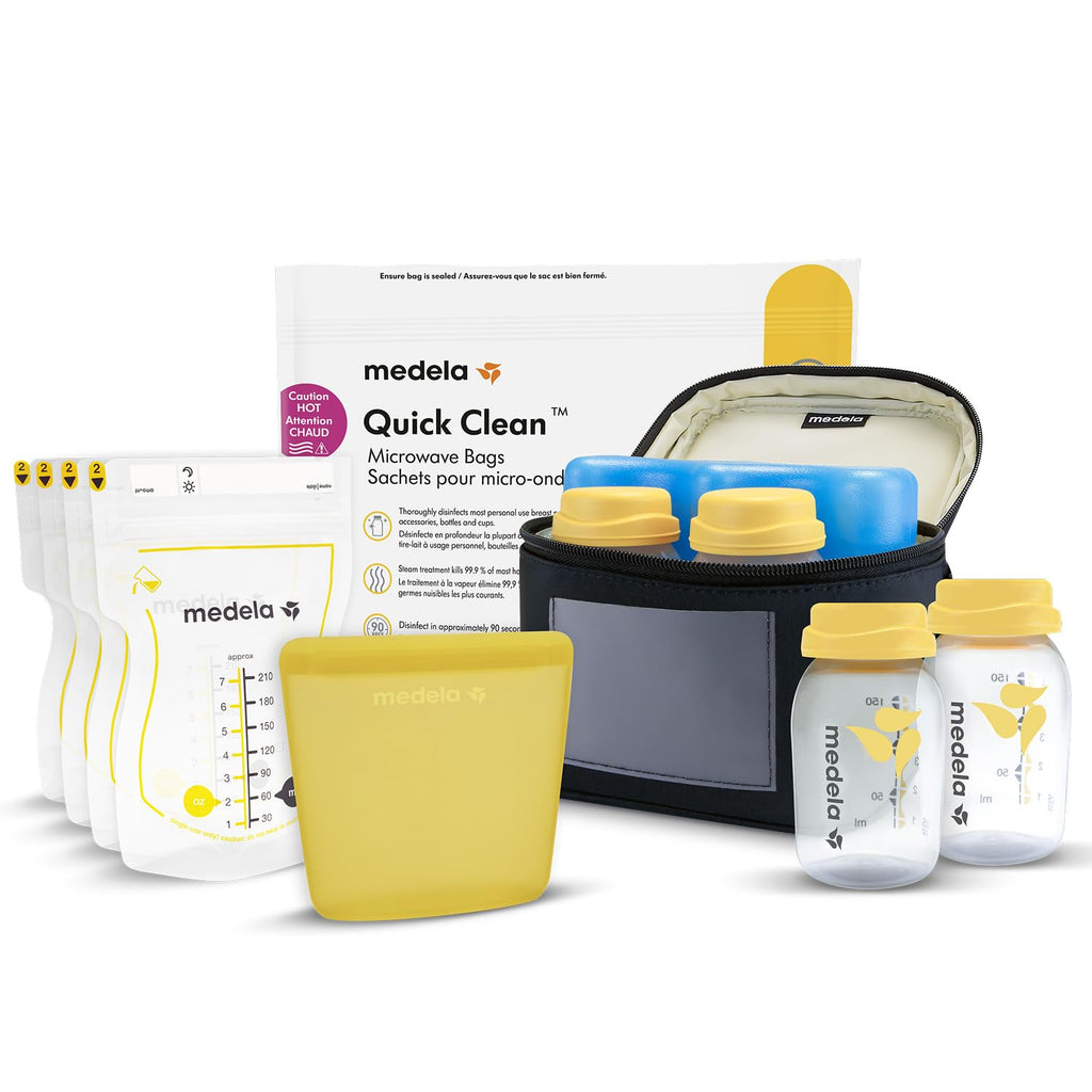 MEDELA Kit conservation lait maternel tout-en-un - 4 Biberons 150 ml, 4 Sachets Easy Pour, 1 Sachet réutilisable, 1 Sachet Micro-ondes Quick Clean et Sac isotherme avec bloc réfrigérant