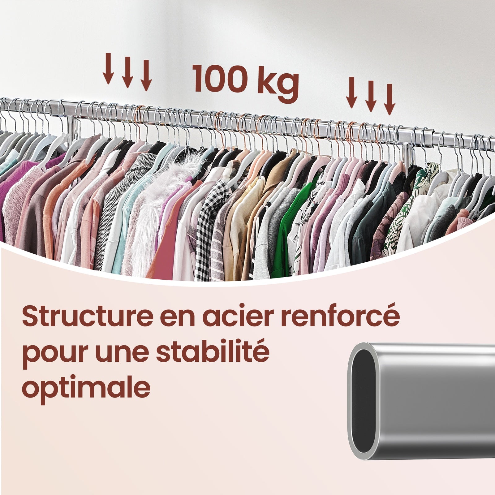 JOYFURNOS Portant à Vêtements sur Roulettes, Tringle à Vêtements Robuste, 45 x (92-132) x 161,5 cm, avec Tringle Extensible, Capacité de Charge 100 kg, Portable, Argent