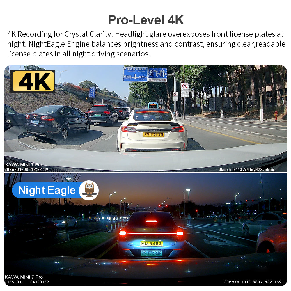 KAWA Mini Dashcam 4K avant, commande vocale, affichage discret, HDR 2K, caméra de voiture avec moteur NightEagle, Wi-Fi 6 et GPS intégrés, mode stationnement en mémoire tampon 24/7