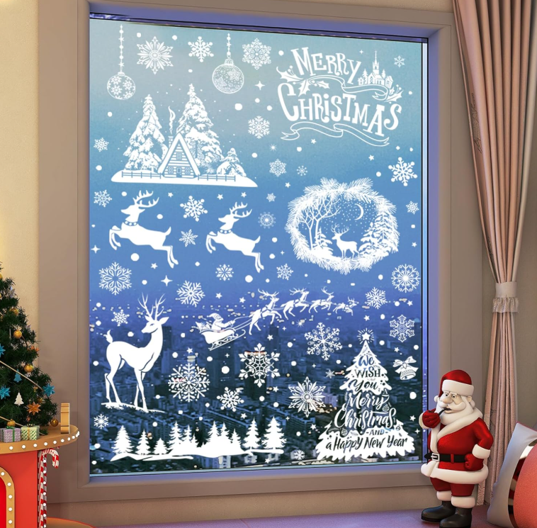 JU7CER Lot de 9 autocollants de fenêtre de Noël réutilisables et autocollants, motif flocons de neige blancs, autocollants de fenêtre en PVC double face