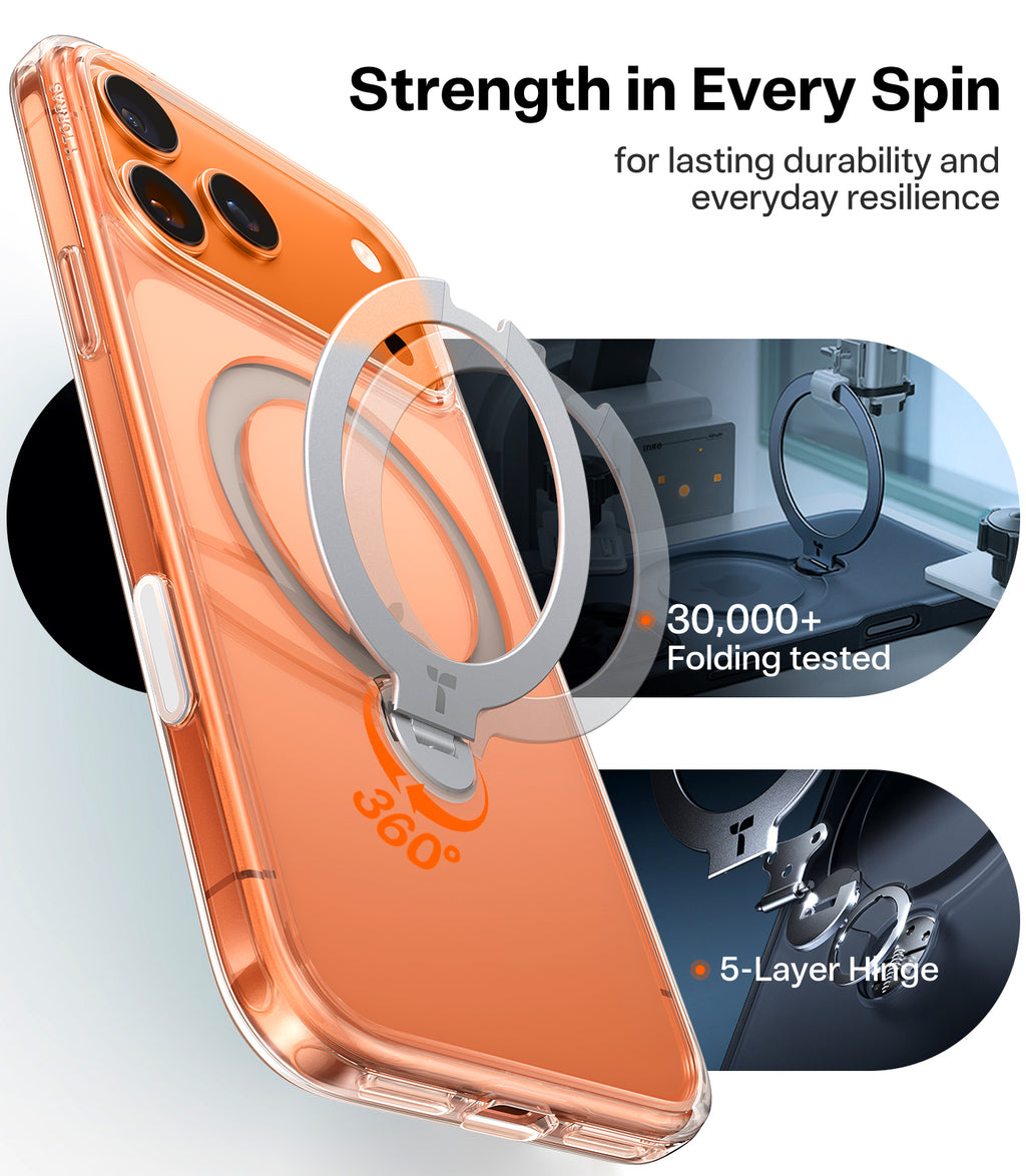 TORRAS Coque Série Ostand Spin pour iPhone 17 Pro , [Finition mate antidérapante et anti-traces de doigts] - Transparente