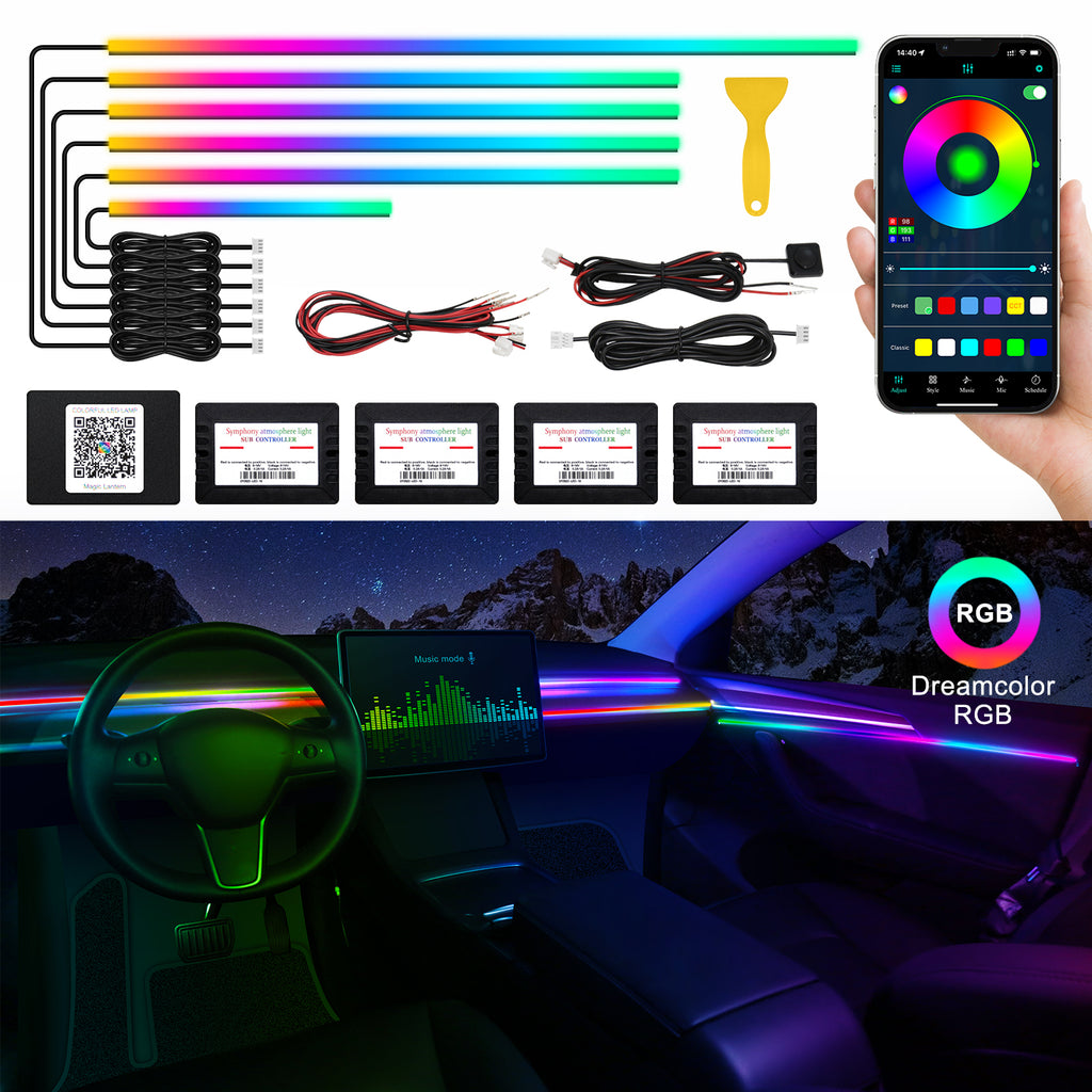 Bande lumineuse LED d’intérieur de voiture en acrylique, prise en charge du contrôle sans fil via application, RGB couleurs féeriques cinq-en-un