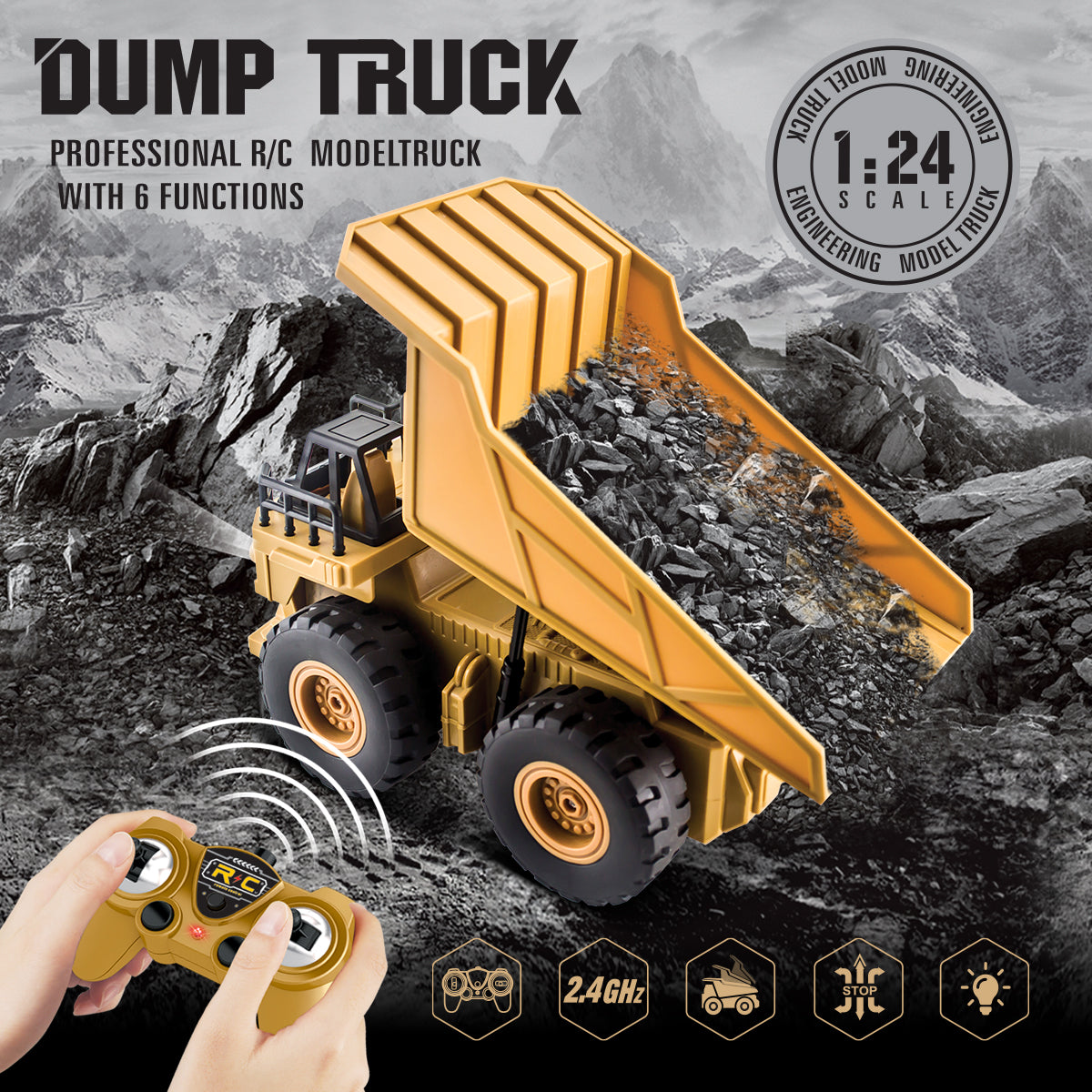 Jouet camion benne RC, Camion de mine télécommandé en plastique rechargeable avec phare LED, Plateau de chargement relevable, Jouet de véhicule d'ingénierie tout-terrain pour garçons cadeau pour enfants