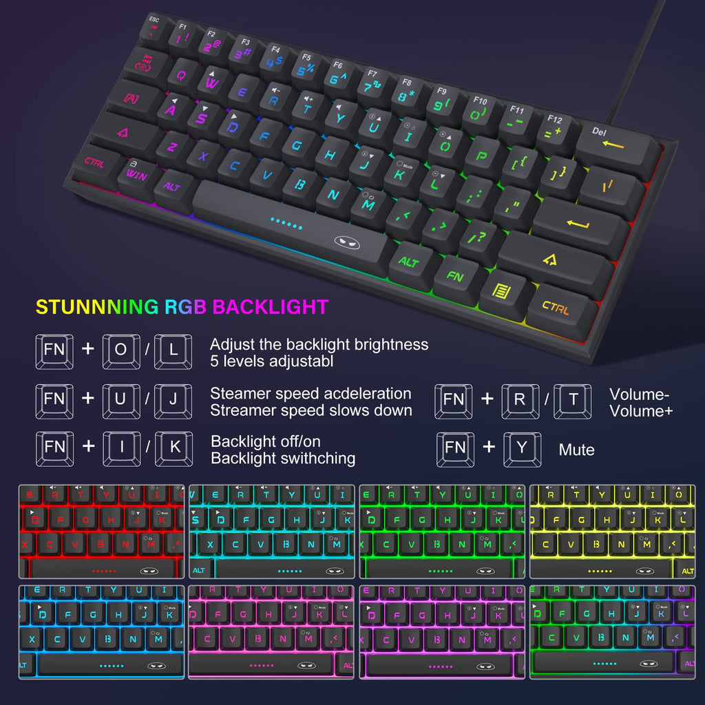 MageGee TS91 Clavier de jeu filaire 60 %, disposition QWERTY US, rétroéclairage RGB, 61 touches, ultra-compact, ergonomique, étanche, à l’aspect mécanique, pour PC, Mac, PS4 et Xbox One, idéal pour les joueurs (Noir)