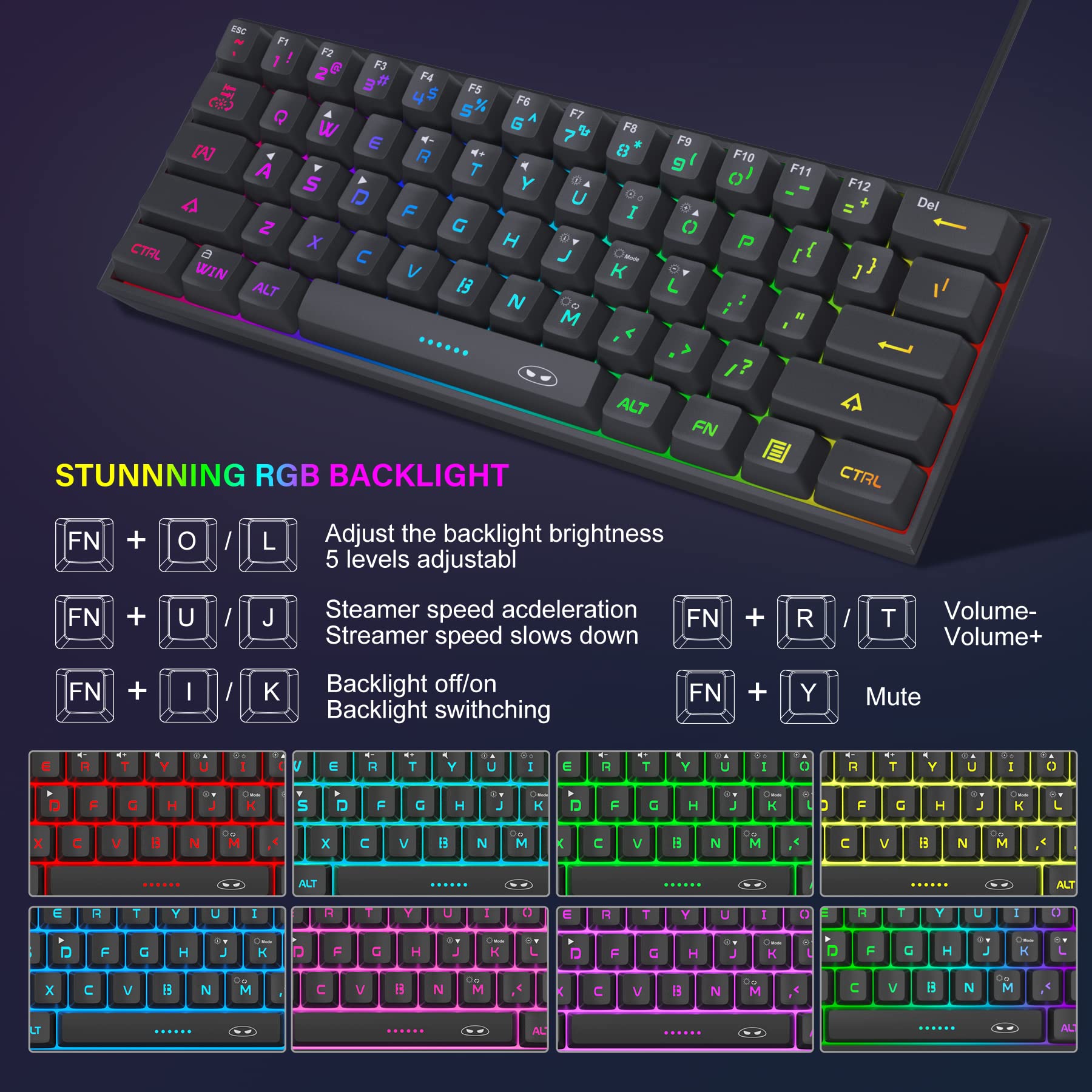 MageGee TS91 Clavier de jeu filaire 60 %, disposition QWERTY US, rétroéclairage RGB, 61 touches, ultra-compact, ergonomique, étanche, à l’aspect mécanique, pour PC, Mac, PS4 et Xbox One, idéal pour les joueurs (Noir)