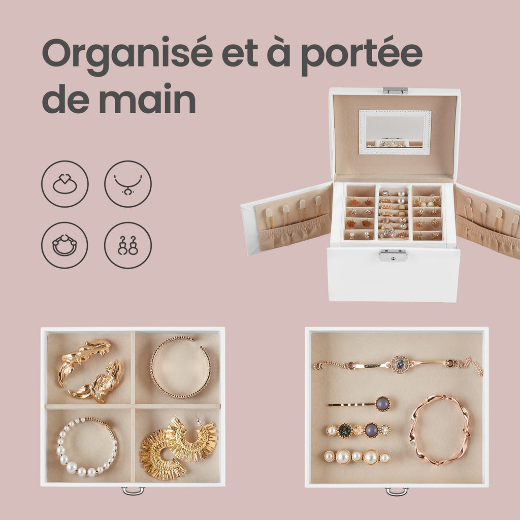 JOYFURNOS Boîte de voyage pour bijoux avec miroir, 2 tiroirs, verrouillable, idée cadeau, blanc