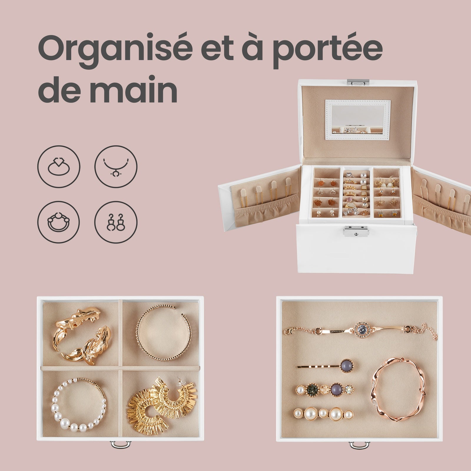JOYFURNOS Boîte de voyage pour bijoux avec miroir, 2 tiroirs, verrouillable, idée cadeau, blanc