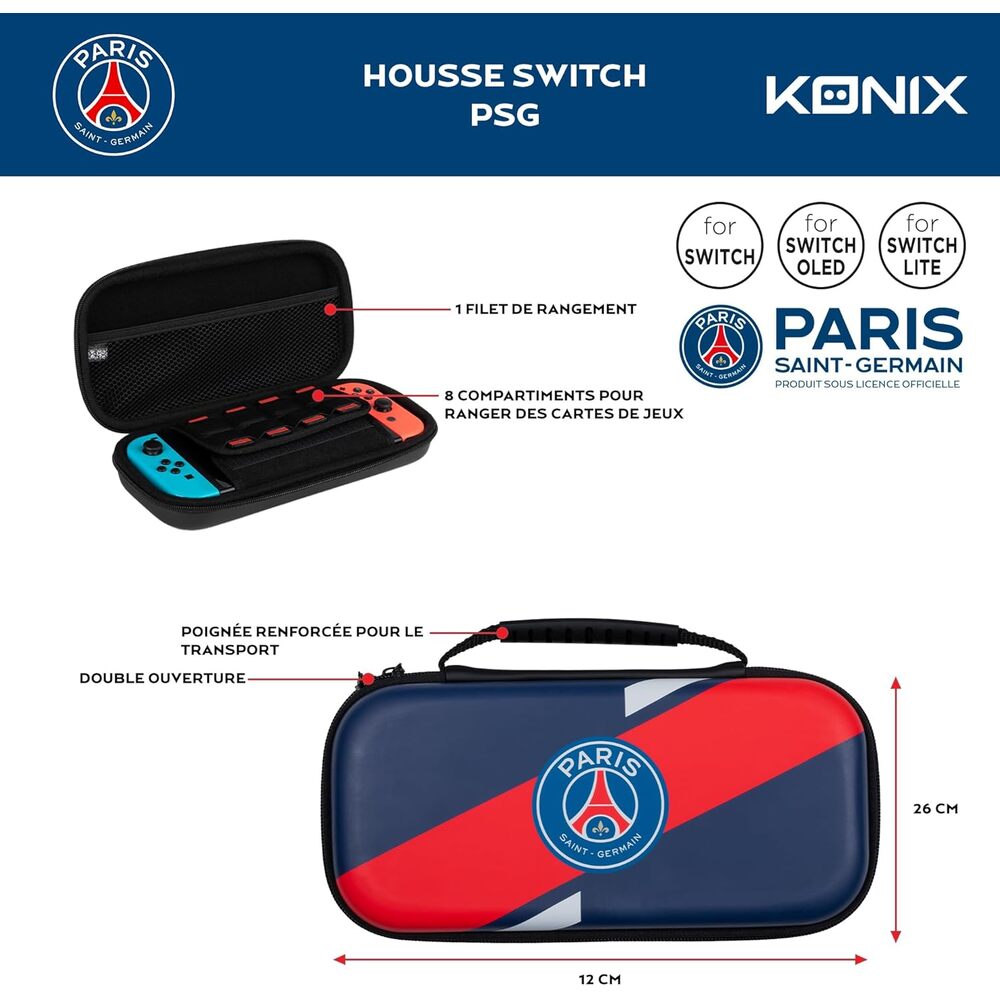 KONIX PSG Housse de protection et transport pour consoles Nintendo Switch, Switch Lite et Switch OLED - Rangement 8 jeux - Bleu marine et rouge