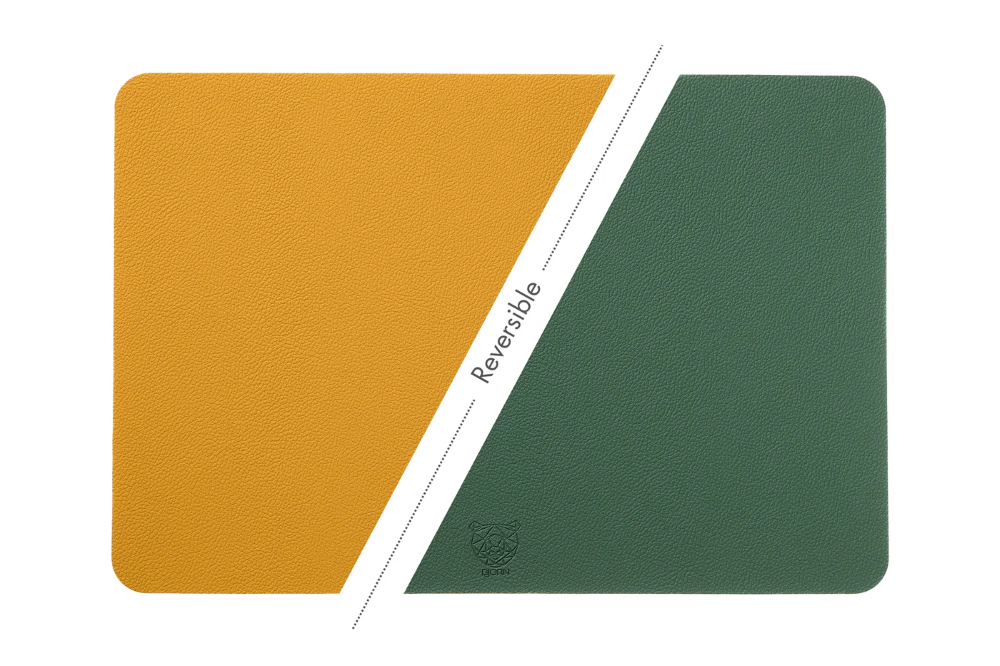 Björn Lot de 6 set de table réversibles rectangulaires en cuir recyclé - Jaune moutarde et vert sapin