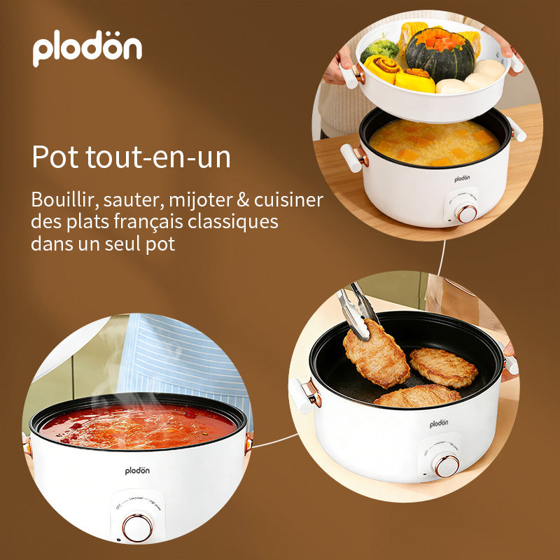 Plodon 1200W 5L Marmite Électrique Multifonction Avec Cuiseur Vapeur Cuve de Cuisson Antiadhésive Mijoteuse Avec Double Contrôle de Puissance Pour Ragoût, Cuisson Vapeur, Fondue