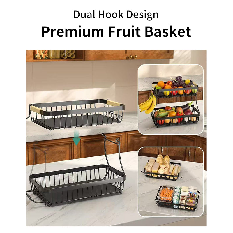 JORDAN&JUDY Étagère de rangement à 2 niveaux, panier de rangement pour fruits et snacks de bureau, noir