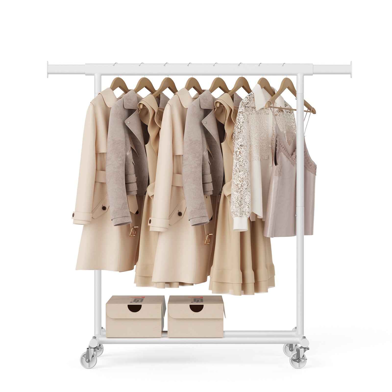 JOYFURNOS Portant à Vêtements sur Roulettes, Tringle à Vêtements Robuste, 45 x (92-132) x 161,5 cm, avec Tringle Extensible, Capacité de Charge 100 kg, Portable, Blanc