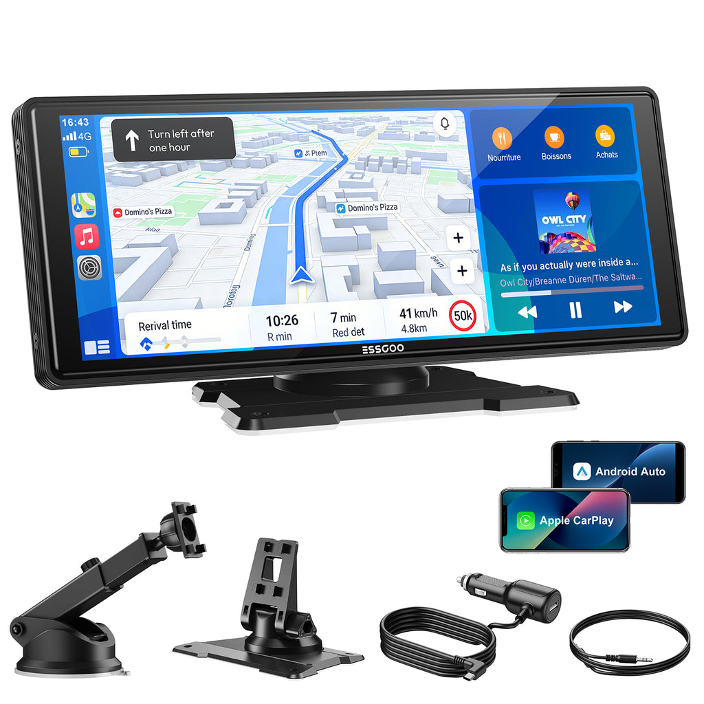 ESSGOO 10,26 Pouces Écran CarPlay HD Portable, CarPlay Sans Fil & Android Auto & Mirror Link, Mise à jour OTA, Navigation GPS, Musique, Commande Vocale, Logo de démarrage personnalisé