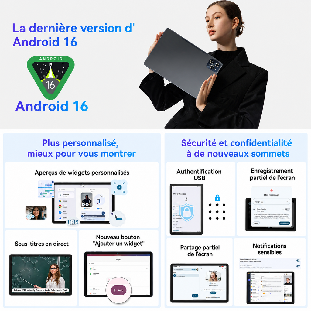 TABWEE W90 Tablette 11 pouces, Android 16, double carte SIM 4G + 5G, Wi-Fi, processeur octa-core avec IA, 24 Go (8 + 16) de RAM + 256 Go de ROM (carte TF jusqu'à 2 To), batterie de 8 000 mAh avec recharge rapide 18 W, appareils photo 8 Mpx + 16 Mpx,