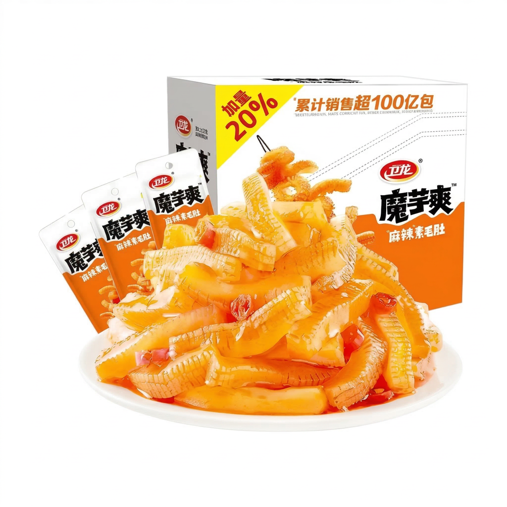 Wei Long Snack de konjac, tripes végétariennes piquantes et engourdissantes, boîte 360 g, contient 20 sachets individuels