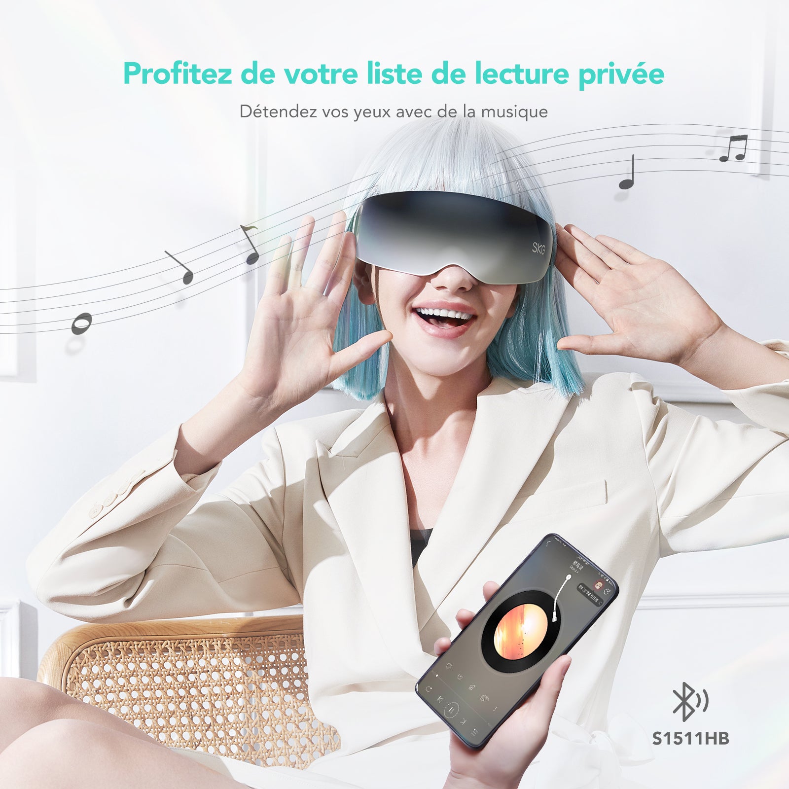 SKG E7-EN Masseur oculaire chauffant vibrant 2-en-1 avec mode musique Bluetooth et compresse chaude, Cadeau pour amoureux
