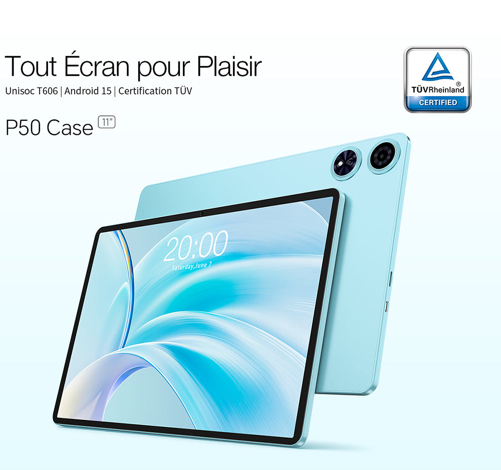 TECLAST P50 Tablette Android 15 11 pouces, 90 Hz, Unisoc T606 huit cœurs, 12 Go RAM, Stockage 128 Go, Wi-Fi double bande, 7 000 mAh avec ensemble d'accessoires
