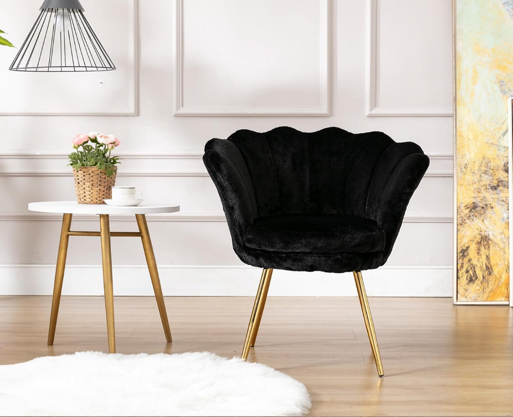 CHAIRUS Chaise d'appoint en velours en forme de pétale avec pieds dorés - Noir