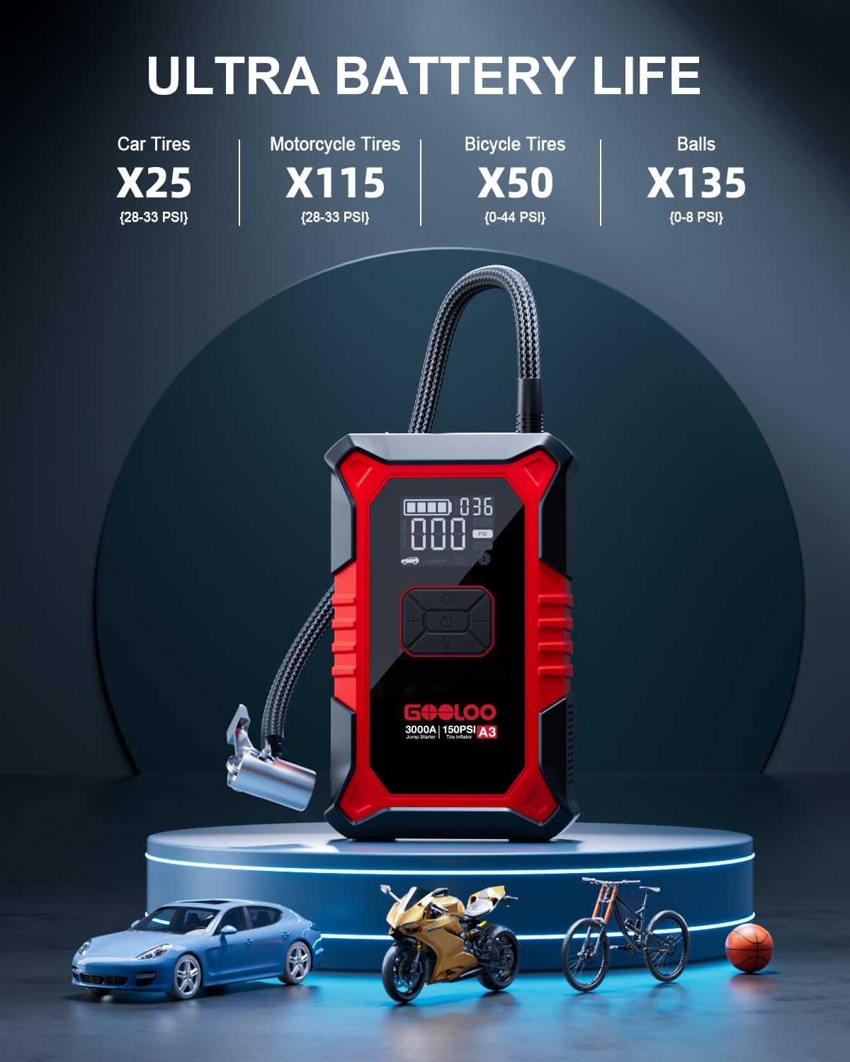(GOOLOO10) Démarreur de voiture GOOLOO A3 avec batterie externe et compresseur, batterie externe de démarreur de secours 3000 A 150 PSI pour véhicules 12 V (jusqu'à 9,0 L d'essence /