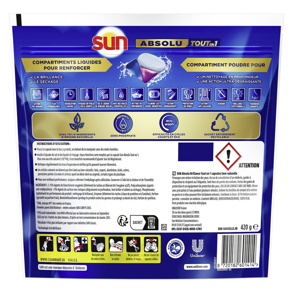 Sun Brilliance Tout-en-1 Absolute Capsules Lave-Vaisselle Extra Brillance 2 x 28 Capsules (= 56 Capsules)