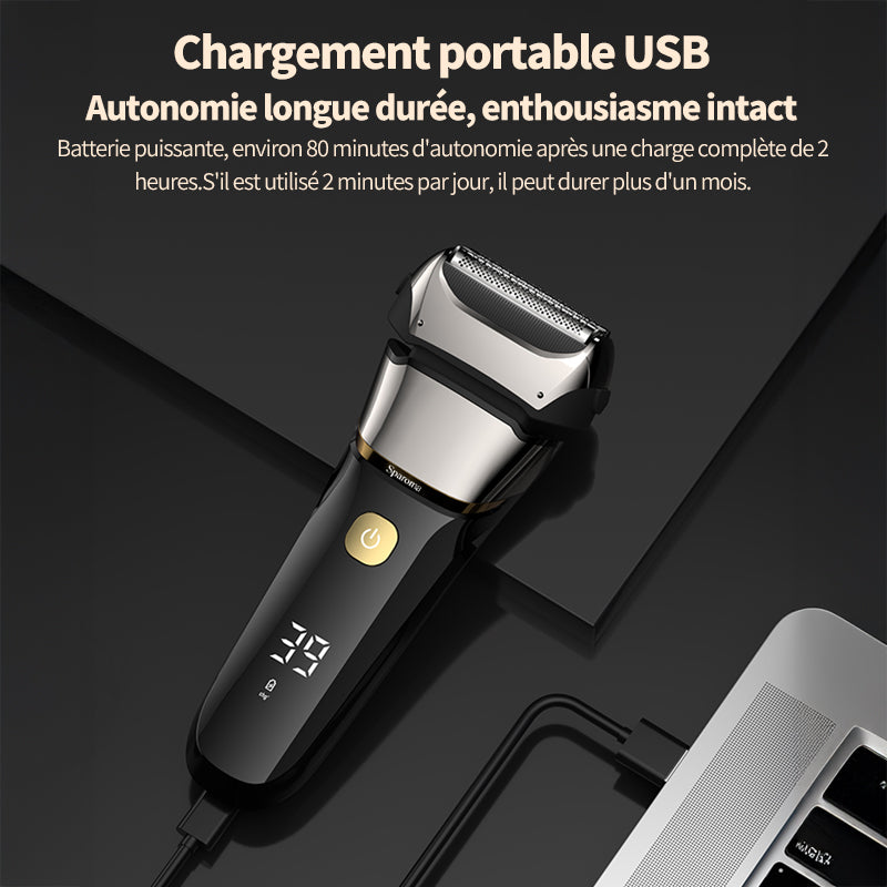 Sparoma Rasoir Électrique pour Hommes – Lames Doubles Flottantes, Affichage Numérique, Rasage à Sec & Humide, Recharge Type-C, Moteur Intelligent, Étanchéité IPX6, FK-608