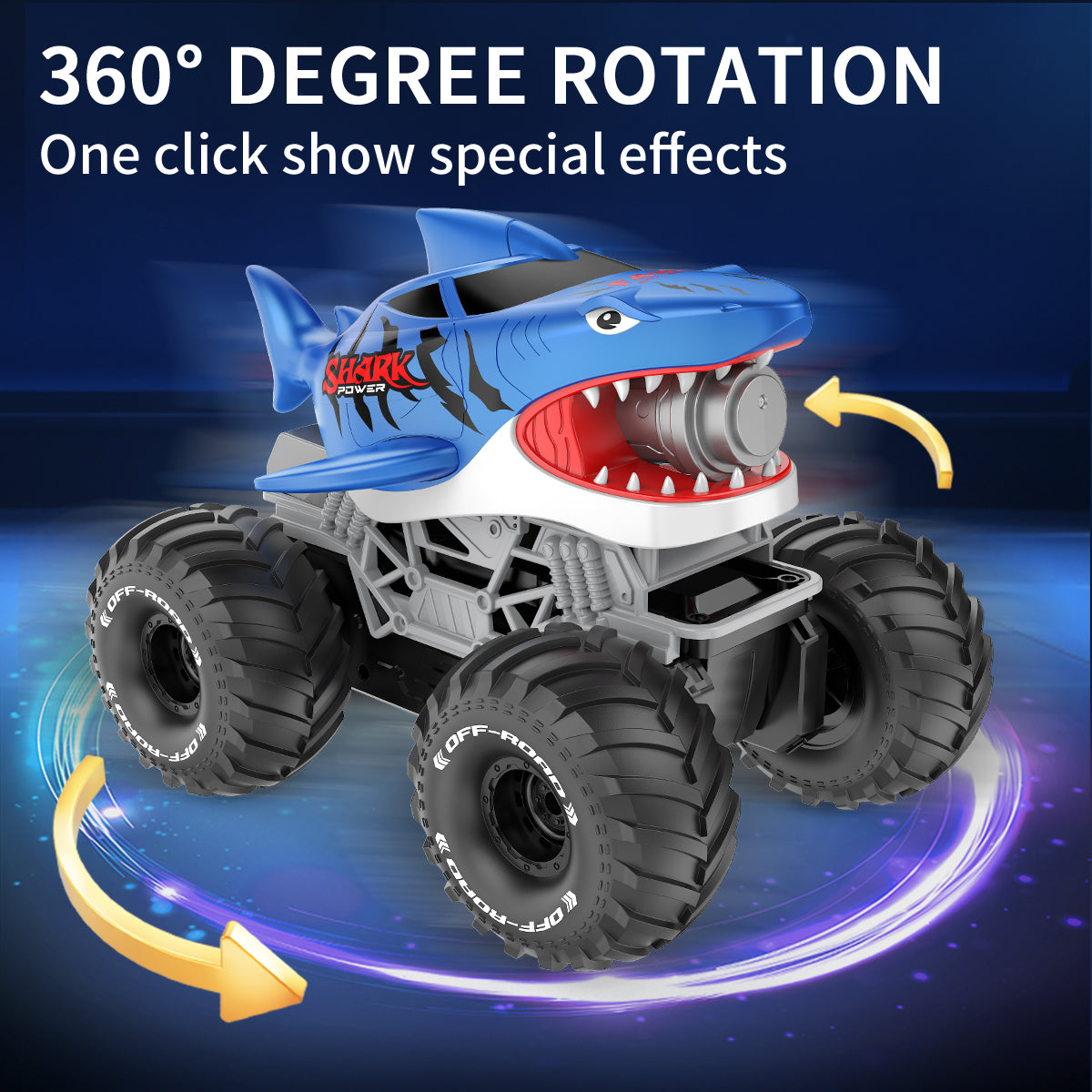 Jouet de monster truck télécommandé Shark, véhicule tout-terrain RC avec brume, lumières LED et commande gestuelle, voiture de requin nageur Big-Foot, véhicule jouet Big-Foot rechargeable. Cadeau pour garçons et enfants, convient aux garçons de 3 ans