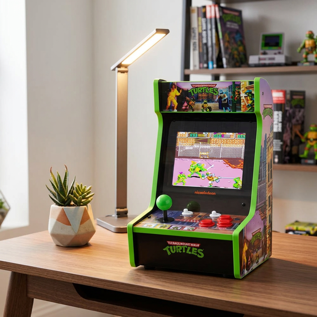 Arcade1Up Ninja Turtles Countercade Console de Table - sous Licence Officielle - Écran LCD 8 Pouces - Double Jeu Intégré - Panneau Lumineux Multicolore