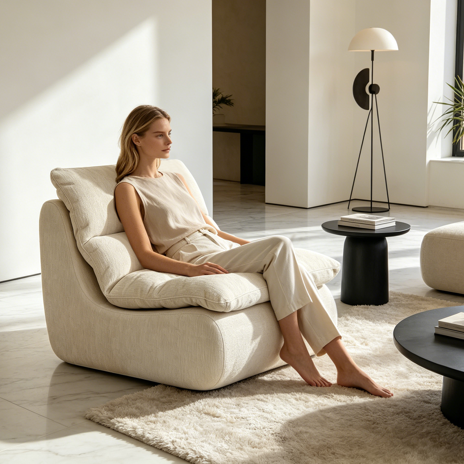 Un fauteuil à mémoire de forme haute densité, chaise de salon confortable en velours chenille, chaise de lecture détendue, pour salon, chambre, salle de jeux, blanc