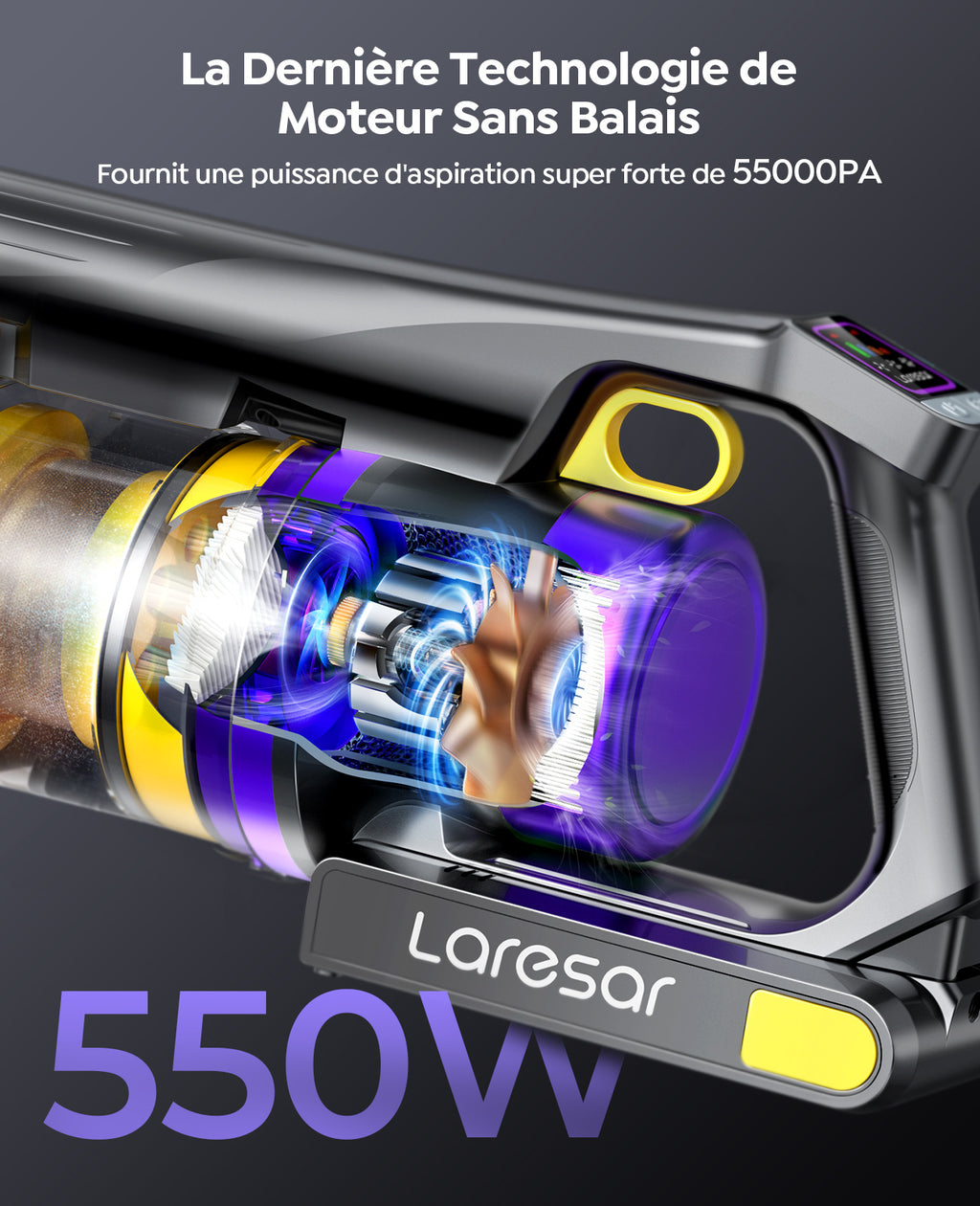 laresar X11 Aspirateur sans fil, 55 kPa / 550 W, autonomie 60 min, réservoir 2 L, LED verte, écran tactile, pour poils d'animaux, tapis et sols durs
