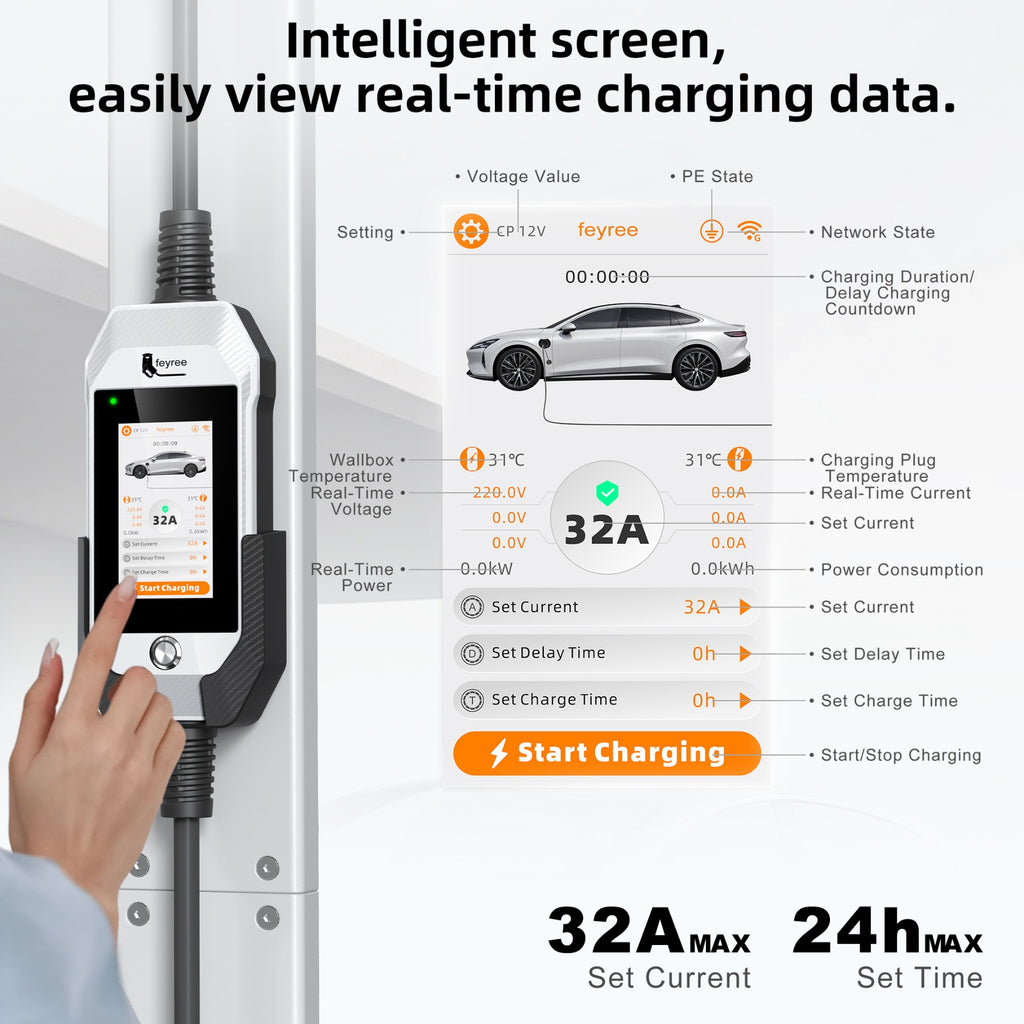 feyree Chargeur de voiture électrique portable avec écran tactile 4,3 pouces, Type 2, 7 kW, 32 A, réglable avec adaptateur, contrôle Wi-Fi via application intelligente pour voiture électrique