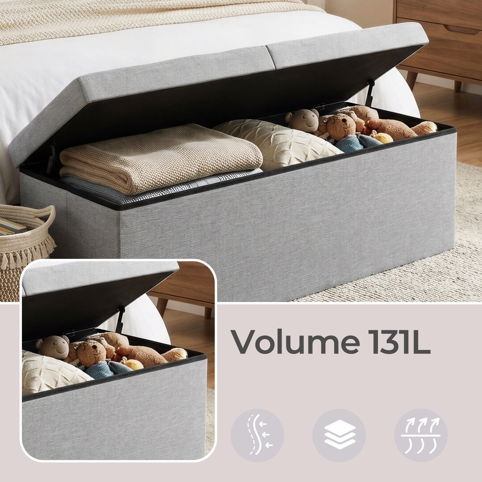 JOYFURNOS Banc de Rangement Pliable, 38 x 110 x 38 cm, Couvercle Rabattable, Capacité de 300 kg, pour Entrée, Salon, Chambre, Gris Foncé