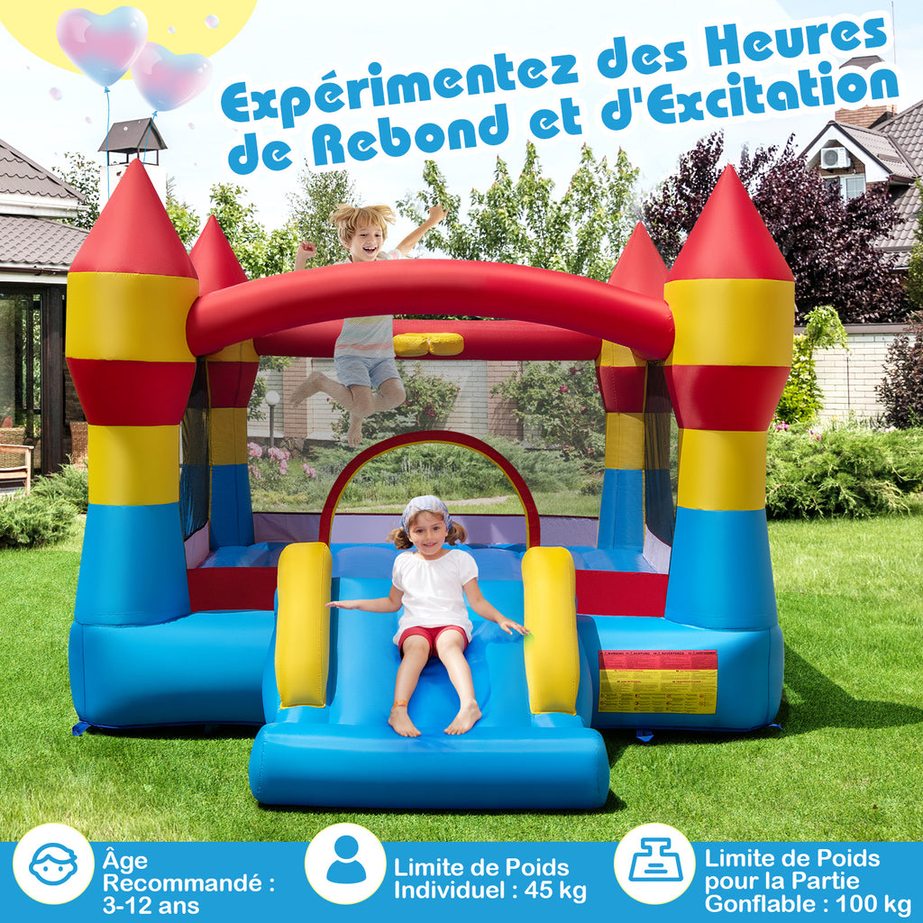Costway Trampoline gonflable 3-en-1 pour enfants avec toboggan, grande surface de saut et panier de basket, souffleur non inclus