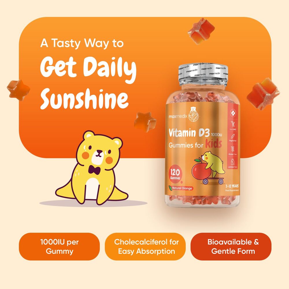 maxmedix Vitamine D3 pour enfants | Saveur orange 1000 UI 120 gommes