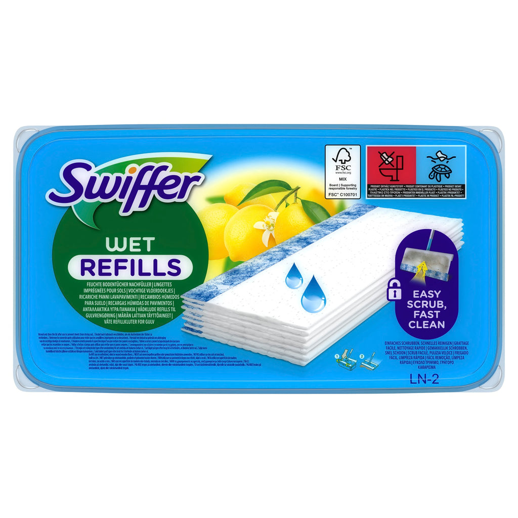 Swiffer Sweeper Lingettes Humides pour Sols, Pré-Mouillées pour Sols Durs, Captent la Poussière, la Saleté et les Cheveux, Parfum Citron, 10 Lingettes