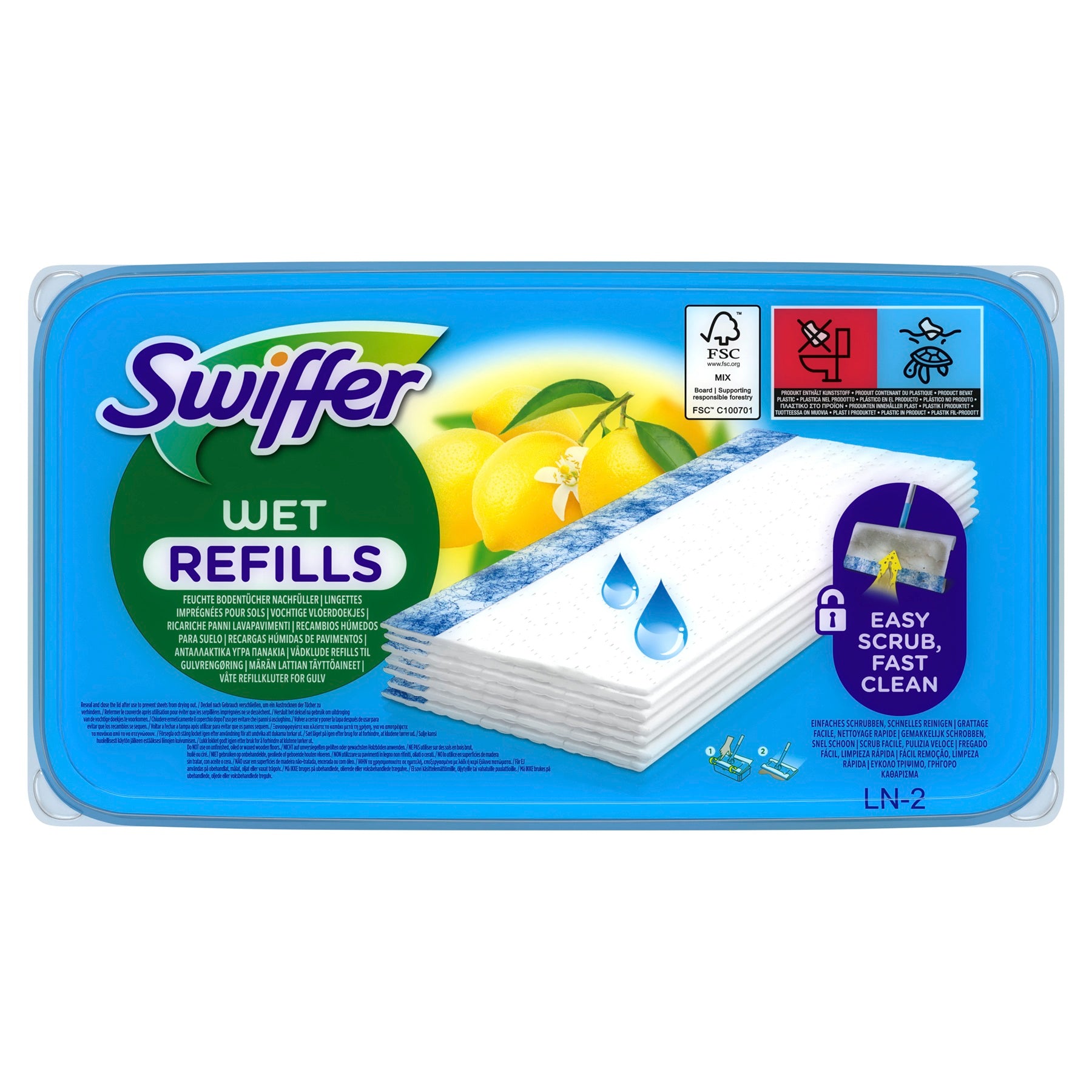 Swiffer Sweeper Lingettes Humides pour Sols, Pré-Mouillées pour Sols Durs, Captent la Poussière, la Saleté et les Cheveux, Parfum Citron, 10 Lingettes