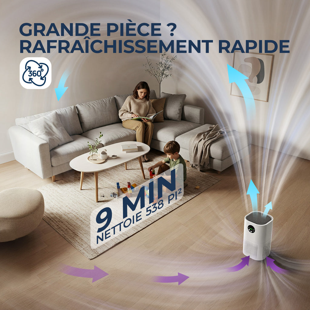 ROUNY Purificateur d'air pour la maison, filtre HEPA H13, CADR 150 m³/h, couverture 20-50 m², mode veille ≤25 dB, affichage de la qualité de l'air, 4 vitesses de ventilation