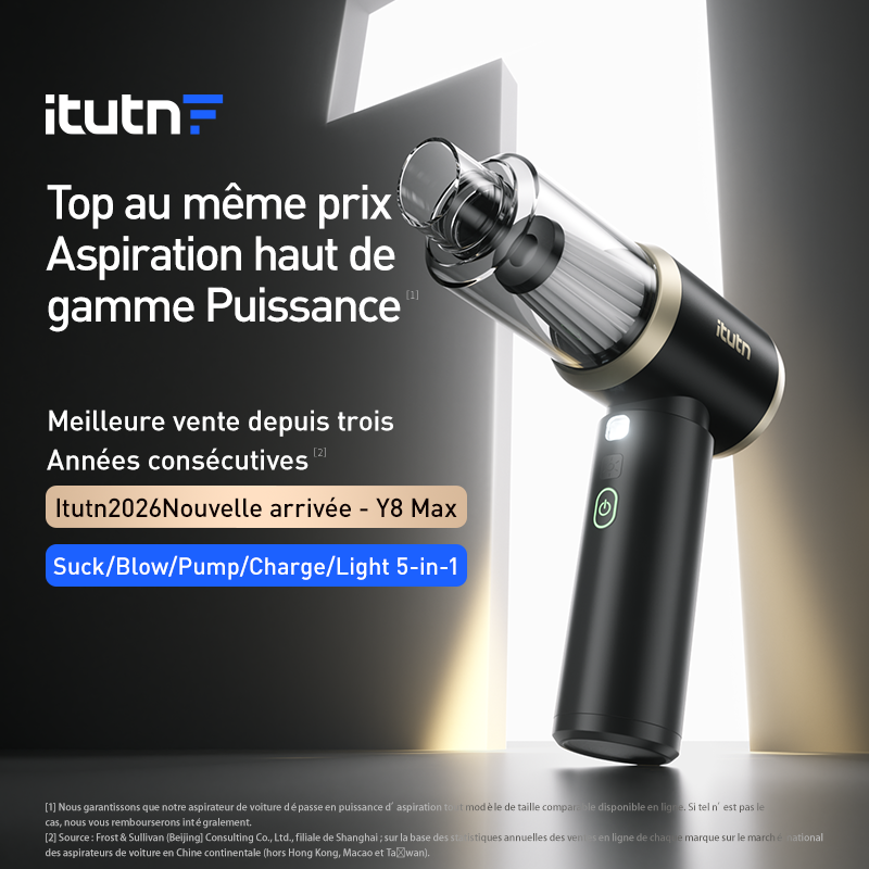 Aspirateur voiture sans fil portable Y8-Max avec éclairage LED | Puissance d'aspiration 18 000 PA | Mini aspirateur 5-en-1 & souffleur à air comprimé | Aspirateur à main pour maison