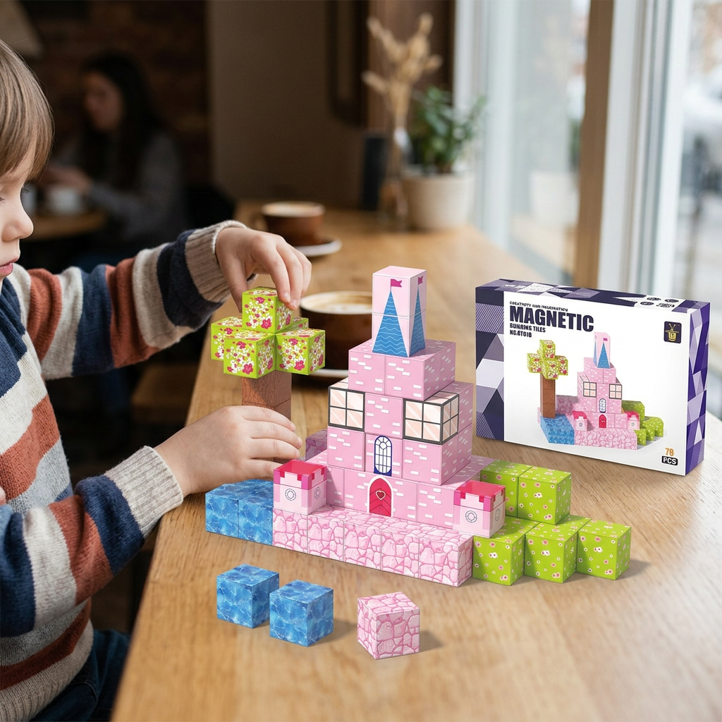 XINQIYUAN Jouet éducatif ensemble de blocs de construction magnétiques Monde château rose 2,5 cm 78 pièces [Mélange aléatoire – Couleurs de l’image principale uniquement]