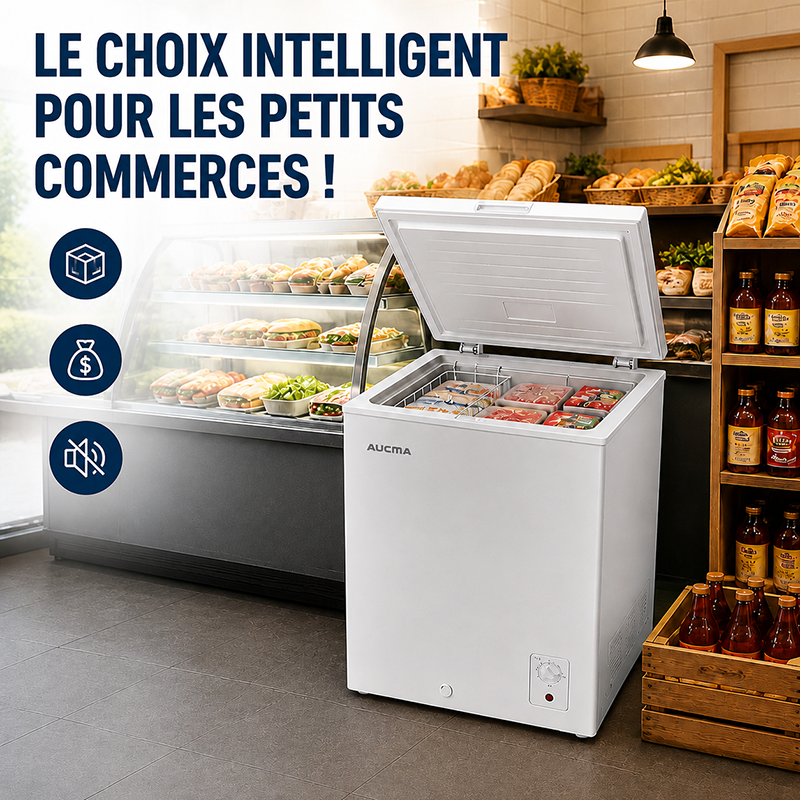 AUCMA 141 L Congélateur Coffre Convertible, Réfrigérateur & Congélateur Réversible, Mini Congélateur Profond Ouverture par le Haut, Classe Énergétique E, Fonctionnement Silencieux, Thermostat à 7 Niveaux, Panier Amovible & Tuyau de Dégivrage, Convien