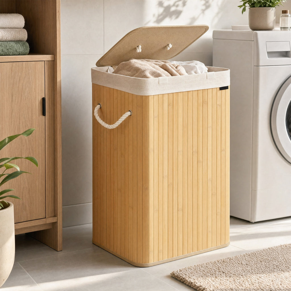 JOYFURNOS Panier à linge avec couvercle, panier de lavage pliable en bambou avec sac doublure amovible et cadre en bois solide, grande capacité de 72L, taille gain de place 40x30x61cm, idéal pour chambre, salle de bain, buanderie, dortoir, Naturel