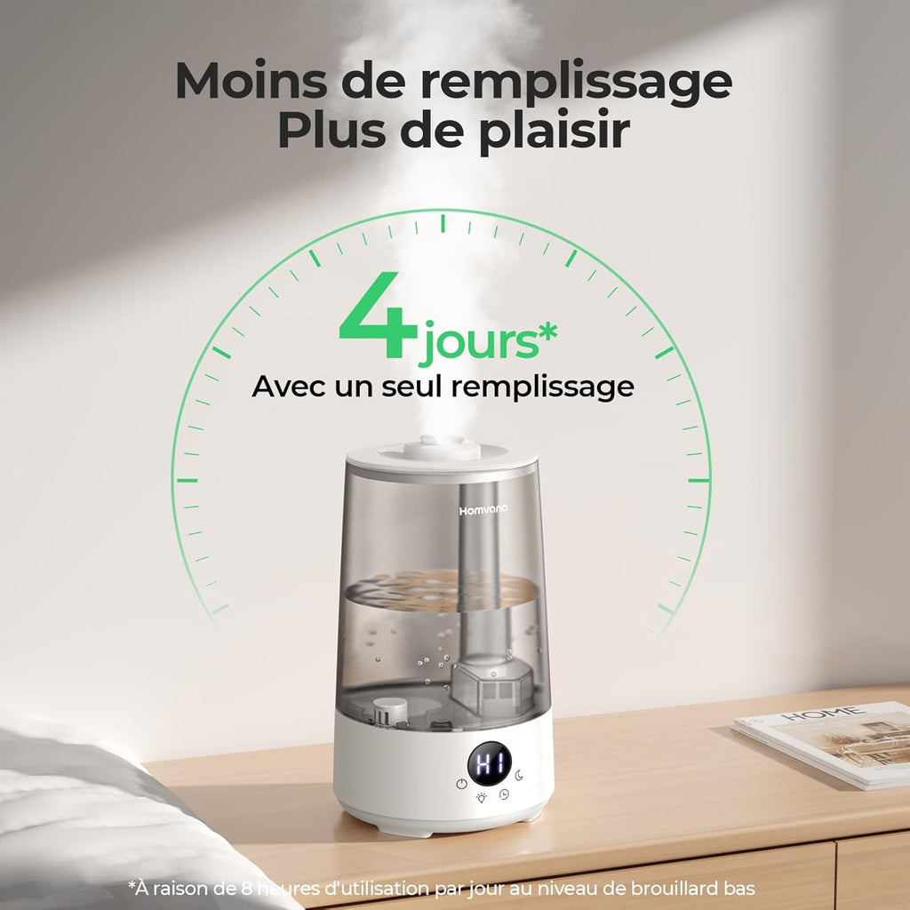 Homvana Humidificateur 3,6 L H101, Gris - Remplissage par le haut, Technologie de pulvérisation silencieuse, Brume fraîche 360°, Autonomie 34 h, Silencieux 16 dB, Sans BPA
