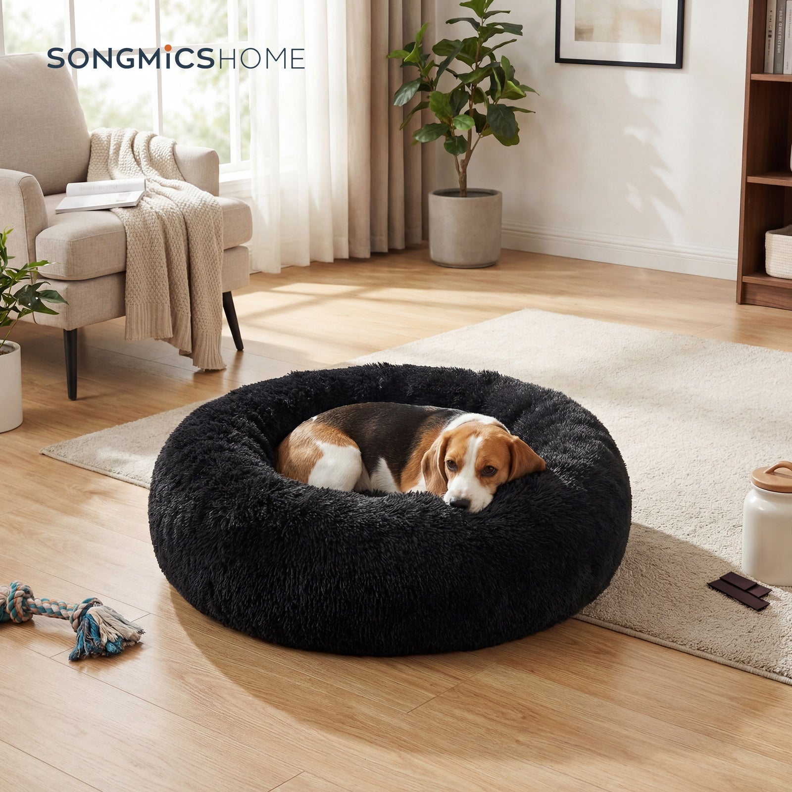 JOYFURNOS Lit pour cage pour chien JOYFURNOS en peluche donut avec housse amovible et lavable, noir, 70 x 20 cm