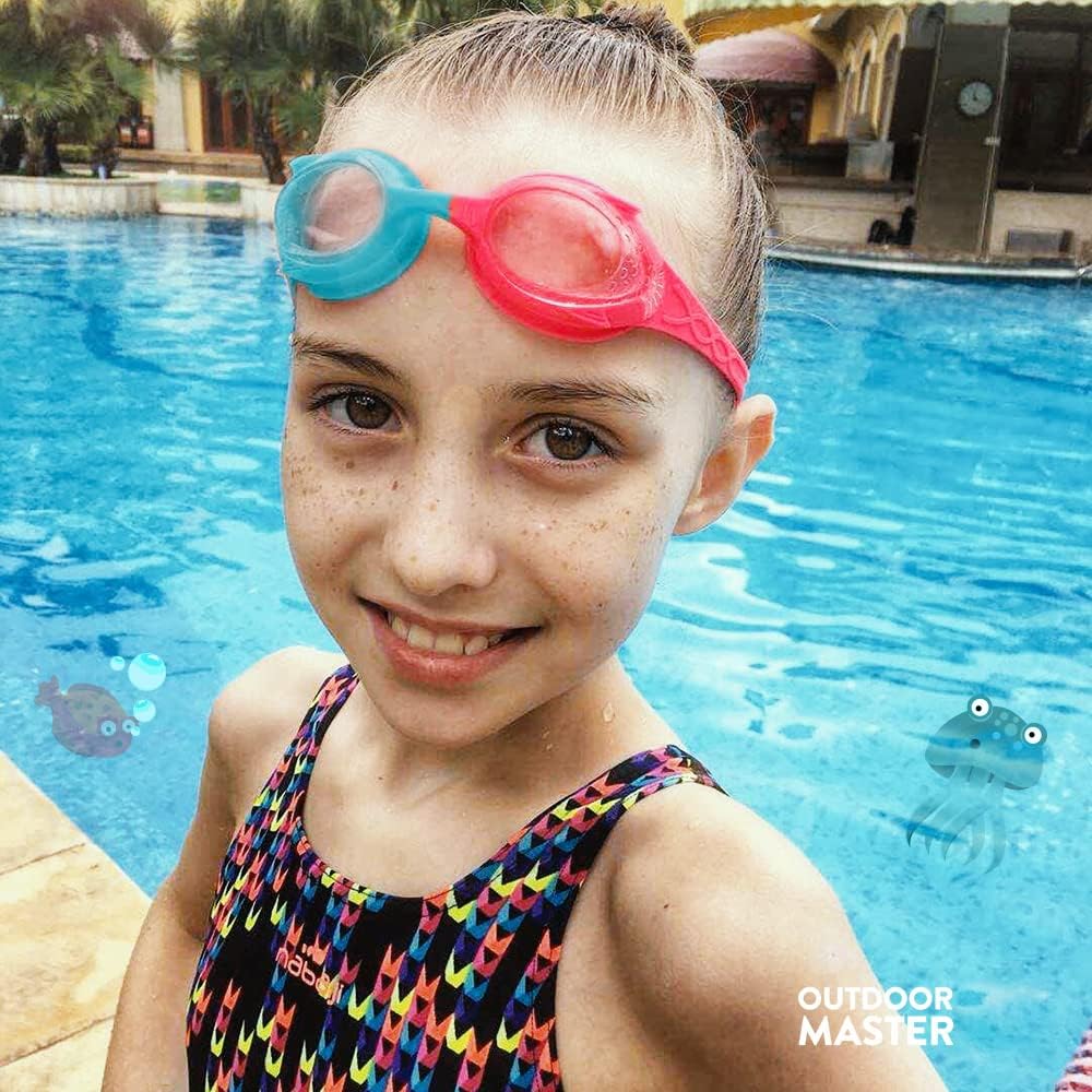 OutdoorMaster Lot de 2 lunettes de natation pour enfants - Lunettes de natation à sangle rapidement réglable pour enfants, Orange et bleu + Bleu et rouge